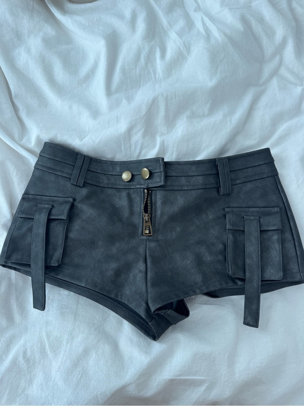 Women’s Black Faux-Leather Cargo Shorts with Front Zip